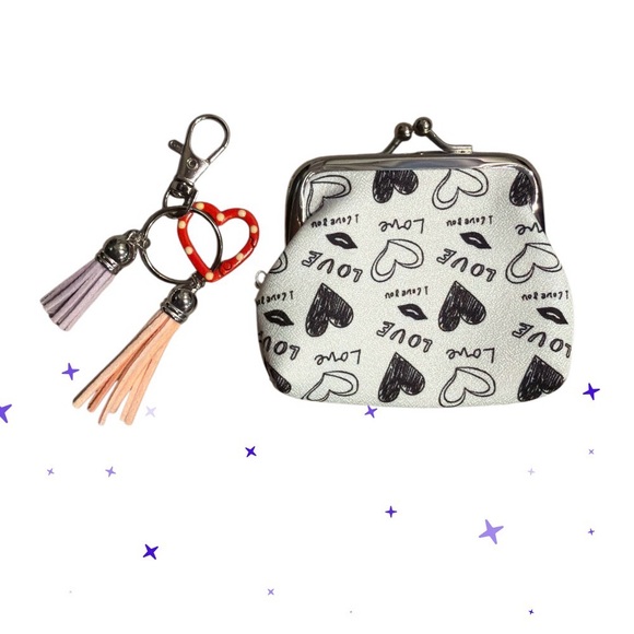 2 Piece Bundle Heart Print Coin Purse with Keychain - Picture 6 of 12